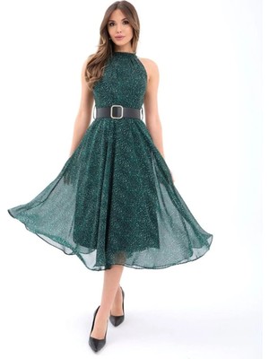 Hiccup Kadın Janes Halter Yaka Kemerli Desenli Midi Elbise Çok Renkli