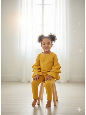 Selvira Kız Çocuk Sarı Volan Kol Bluz + Pantolon Takım 2/5 Yaş