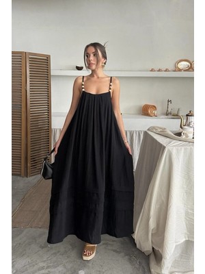 Hiccup Kadın Janes Aksesuar Detaylı Maxi Elbise Siyah
