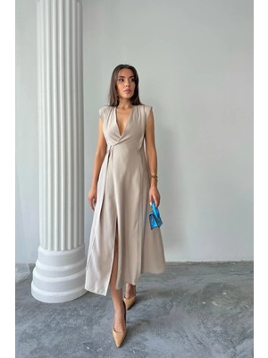 Hiccup Kadın Janes V Yaka Askılı Yırtmaçlı Midi Elbise Bej Doğal