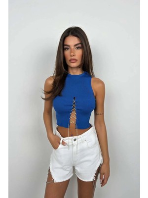 Hiccup Kadın Janes Taş Aksesuarlı Kısa Bluz Fas Mavisi
