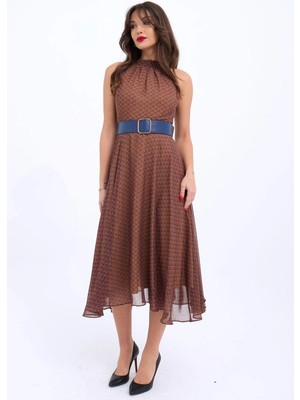 Hiccup Kadın Janes Halter Yaka Kemerli Desenli Midi Elbise Çok Renkli