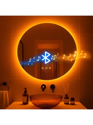 Digital Hayat Bluetooth Hoparlörlü Yuvarlak LED Akıllı Banyo Aynası - Buğu Önleyici Dokunmatik Modern Ayna
