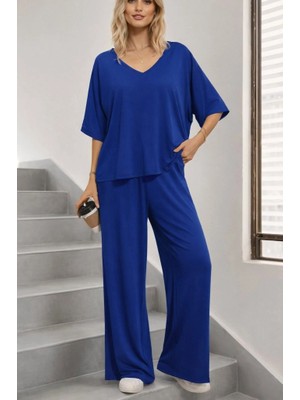 Veralya Kadın Kısa Kollu V Yakalı Viskon Bluz ve Pantolon Ikili Takım