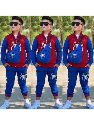 Erkek Çocuk Karakter Baskılı 4'lü Mavi Kırmızı Çantalı Eşofman Takım