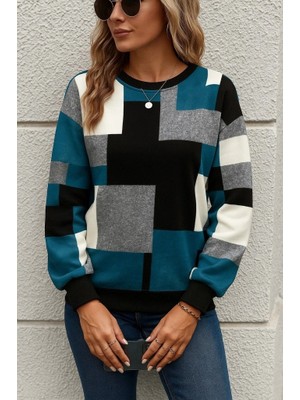 Veralya Kadın Uzun Kollu Bisiklet Yaka Renkli Blok Baskı Dalgıç Bluz