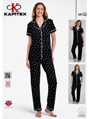 DNC Kapitex Kadın Pijama Takımı Siyah Kalp Desenli – Yazlık Kısa Kollu Düğmeli Ev Giyim