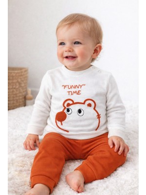 Leona Baby Turuncu Waffle Kumaş Pamuklu Ayıcık Desenli Bebek Takım