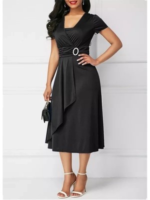 Veralya Kadın Kısa Kollu Kruvaze Yaka Kuşak ve Toka Detay Krep Elbise