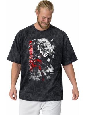 Sevbano Iron Maiden Rock Metal Müzik Grubu Baskılı Unisex Oversize Vintage Yıkamalı Tişört