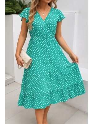 Veralya Kadın Kısa Kollu Kruvaze Yaka Beli Lastikli Çiçek Desenli Elbise