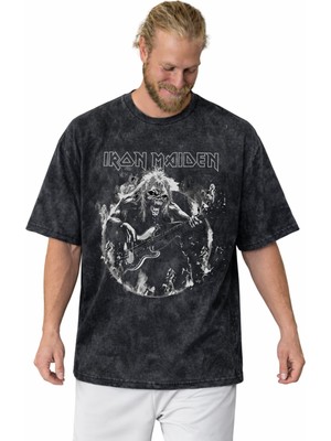 Sevbano Iron Maiden Rock Metal Müzik Grubu Baskılı Unisex Oversize Vintage Yıkamalı Tişört