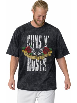 Sevbano Guns N' Roses Unisex Oversize Vintage Yıkamalı Tişört Siyah Pamuklu Kısa Kol Rahat Stil