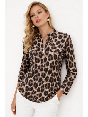 Veralya Kadın Uzun Kollu Hakim Yaka Yakadan Fermuarlı Geometrik Desenli Süprem Bluz