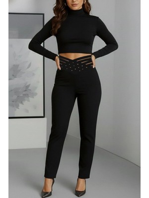 Veralya Kadın Yüksek Bel Çapraz Şerit Detaylı Ithal Krep Pantolon