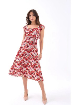 Hiccup Kadın Janes Çiçek Desenli Kare Yaka Midi Elbise Soluk Turuncu