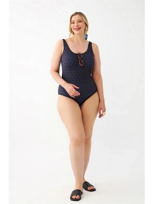 Veralya Moda Kadın Lacivert Geometrik Desenli Büyük Beden Tek Parça Mayo