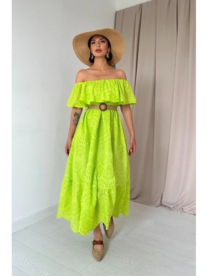 Hiccup Kadın Janes Işlemeli, Askısız, A Kesim Midi Elbise, Kemerli Zeytin Yeşili