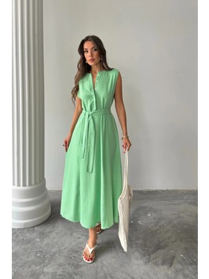 Hiccup Kadın Janes Kemerli V Yaka Midi Elbise Yeşil