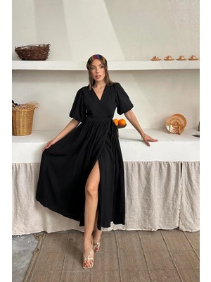 Hiccup Kadın Janes Çift Düğmeli Bağlamalı Midi Elbise Siyah