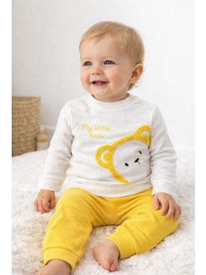 Leona Baby Sarı Waffle Kumaş Pamuklu Ayıcık Desenli Bebek Takım