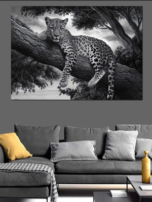  4K Hd Kalite Mgi Design Siyah Beyaz Ağaçta Leopar Dekoratif Kanvas - Mdf Ahşap Tablo