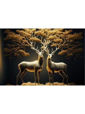  4K Hd Kalite Mgi Design Altın Gold Detaylı Geyik Kanvas Tablo