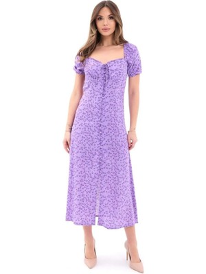 Hiccup Kadın Janes Kare Yaka Çiçekli Midi Elbise Çok Renkli