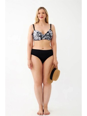 Veralya Moda Kadın Papatya Desenli Gri Büyük Beden Bikini Takımı