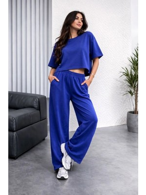 Osy Modal Yumuşak Dokulu Kadın Oversize Ikili Takım Bol Paça Pantolonlu Günlük Takım - Saks Mavisi