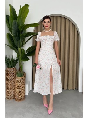 Hiccup Kadın Janes Kare Yaka ve Bağlama Detaylı Desenli Midi Elbise Beyaz