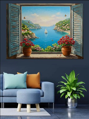  4K Hd Kalite Mgi Design Pencereden Mavi Deniz Manzarası Dekoratif Kanvas - Mdf Ahşap Tablo