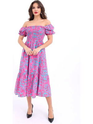 Hiccup Kadın JANES Çiçek Desenli, Fırfırlı, A Kesim Midi Elbise, Kare Yakalı Macenta Pembesi