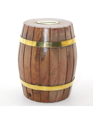 Derin Stok Pirinç Ahşap Fıçı Kumbara 12.5 cm