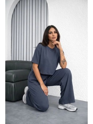 Melen Moda Osy Modal Yumuşak Dokulu Şalaş Oversize Ikili Takım Bol Paça Pantolonlu Rahat Günlük Takım - Füme