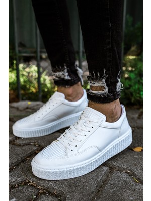Roof Atelier Erkek Beyaz Bağcıklı Kalın Taban Spor Ayakkabı - 017 - Fbt Pyramid