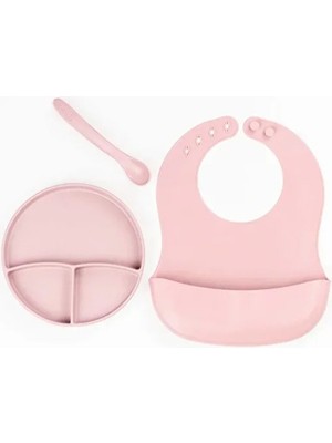 Derin Stok Pembe 3’lü Silikon Yemek Seti – Önlük + Diş Kaşıyıcılı Kaşık + Vakumlu Tabak