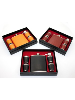 Derin Stok Paslanmaz Çelik 4 Shot Bardaklı Derili Matara Seti Model 2