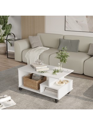 L'occi Concept Sidney Tekerlekli Orta Sehpa  Bölmeli ve Raflı Fonksiyonel Salon Sehpası Beyaz Sıd9-W