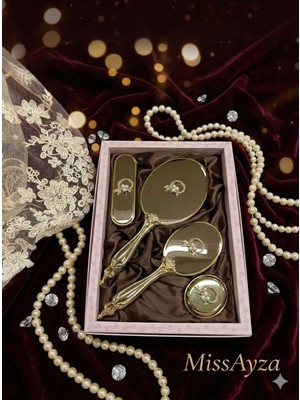 Miss Ayza Missayza Inci Kurdela 4 Parça Lüks Çeyizlik Ayna Seti - Gold Kaplama Altın Sarısı