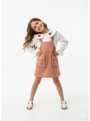 Selvira Kız Çocuk Cepli Askılı Elbise & Beyaz Uzun Kollu Bluz Takımı - 2/5 Yaş