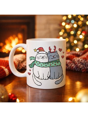 Urfakent Sevimli Kedi Figürlü Yılbaşı Temalı Porselen Kupa Model 75 – Aşık Kediler Desenli, Sıcacık Tasarım, Kahve & Çay Kupası