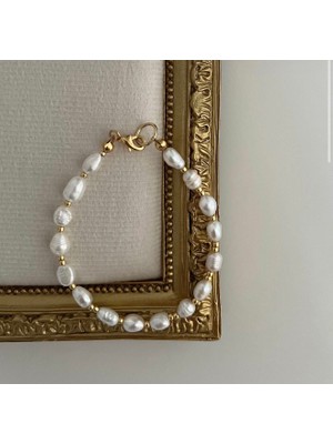 Taşmir Sertifikalı Arpa Kesim Doğal Inci Bileklik - Pirinç 14 K Altın Kaplama Aparatlar