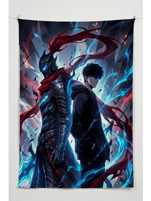 Charmbi Solo Leveling Duvar Örtüsü – Büyük Boy Tapestry Duvar Halısı, Oyun Anime Film Oda Dekor