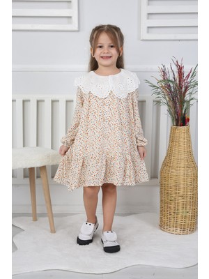 Butik Kız Çocuk Çiçek Desenli Büyük Fistolu Yaka Elbise – Uzun Kollu Pamuklu Günlük Şık Elbise