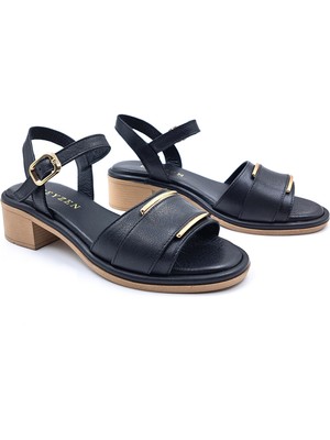 Rachel Milano R1411 Hakiki Deri Alçak Topuklu Kadın Siyah Sandalet Ayakkabı