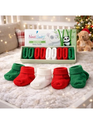 Novibaby 5'li Bambu Yenidoğan Bebek Çorap I Christmas I Kız Erkek Bebek Çorabı