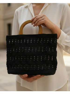 Makrome El Örgüsü Özel Tasarım Orta Boy El Çantası Siyah