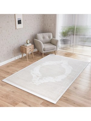 Cinka Home Modern Tasarımlı Halı Yumuşak Doku Saçaklı Tozumaz Tüylenmez Klasik Salon Oturma Odası 7101 Kemik