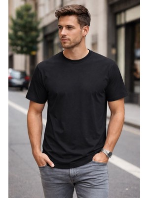 Zueofficial Erkek Siyah Basic Tok Kumaş Regular Kalıp T-Shirt